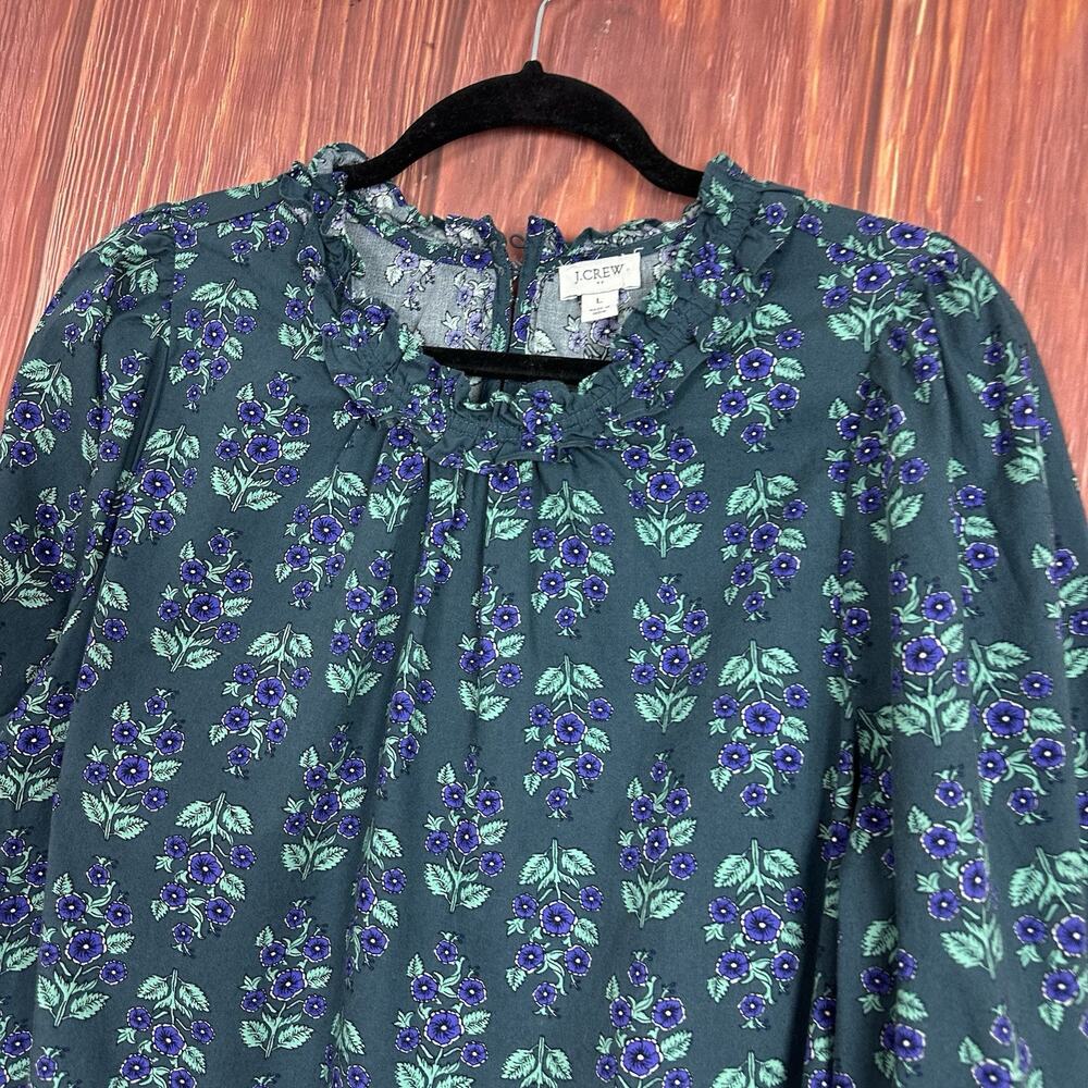 J Crew Long Sleeve Ruffle-Neck Poplin Green Floral Blouse Size Large Cottagecore - Picture 3 of 6